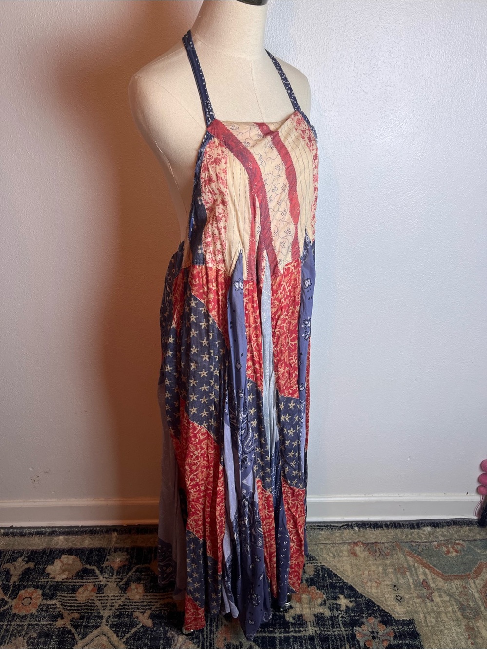 Free People Patchwork American Flag Halter Dress Red, White, Blue 100% Cotton